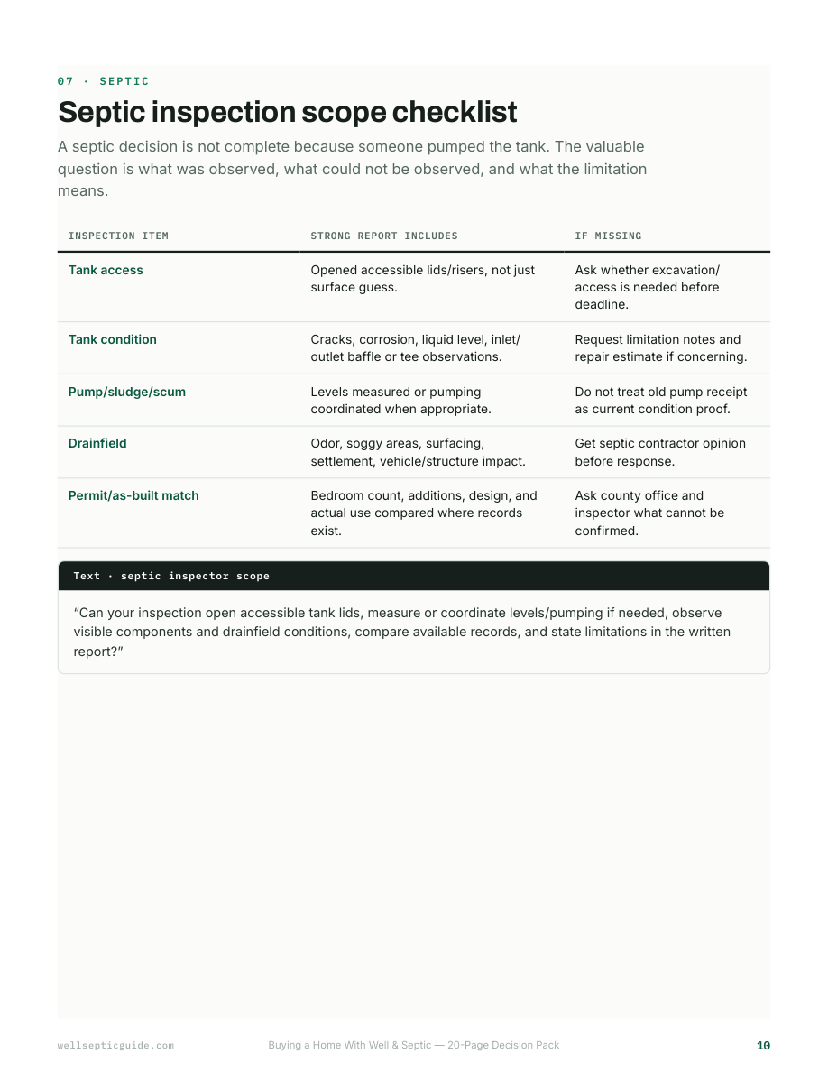 Septic inspection scope checklist preview page